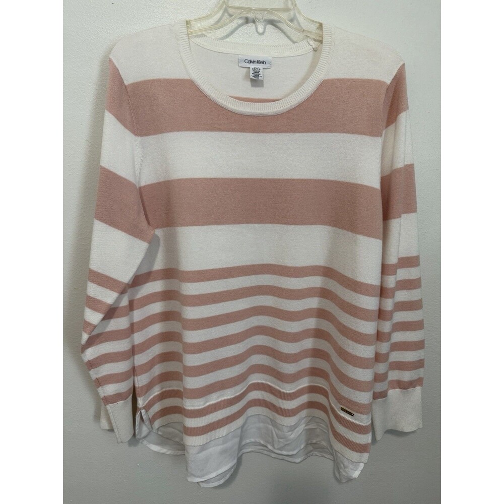 Calvin Klein Women's Sweater XL Pink and White Striped Layered Look Casual